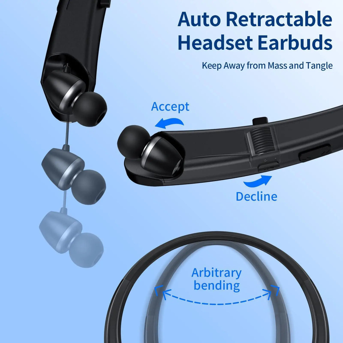 Bluetooth Headphones Neckband, Retractable Headset Wireless Sports Earbuds Noise Cancelling Stereo Earphones with Microphone,