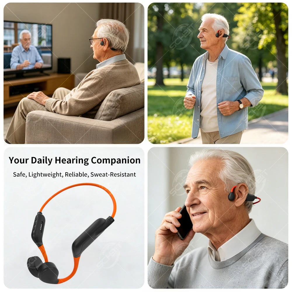 Bluetooth Bone Conduction Hearing Aid Headphones for Elderly Moderate Severe Deafness Waterproof Behind-the-Ear Design Calling