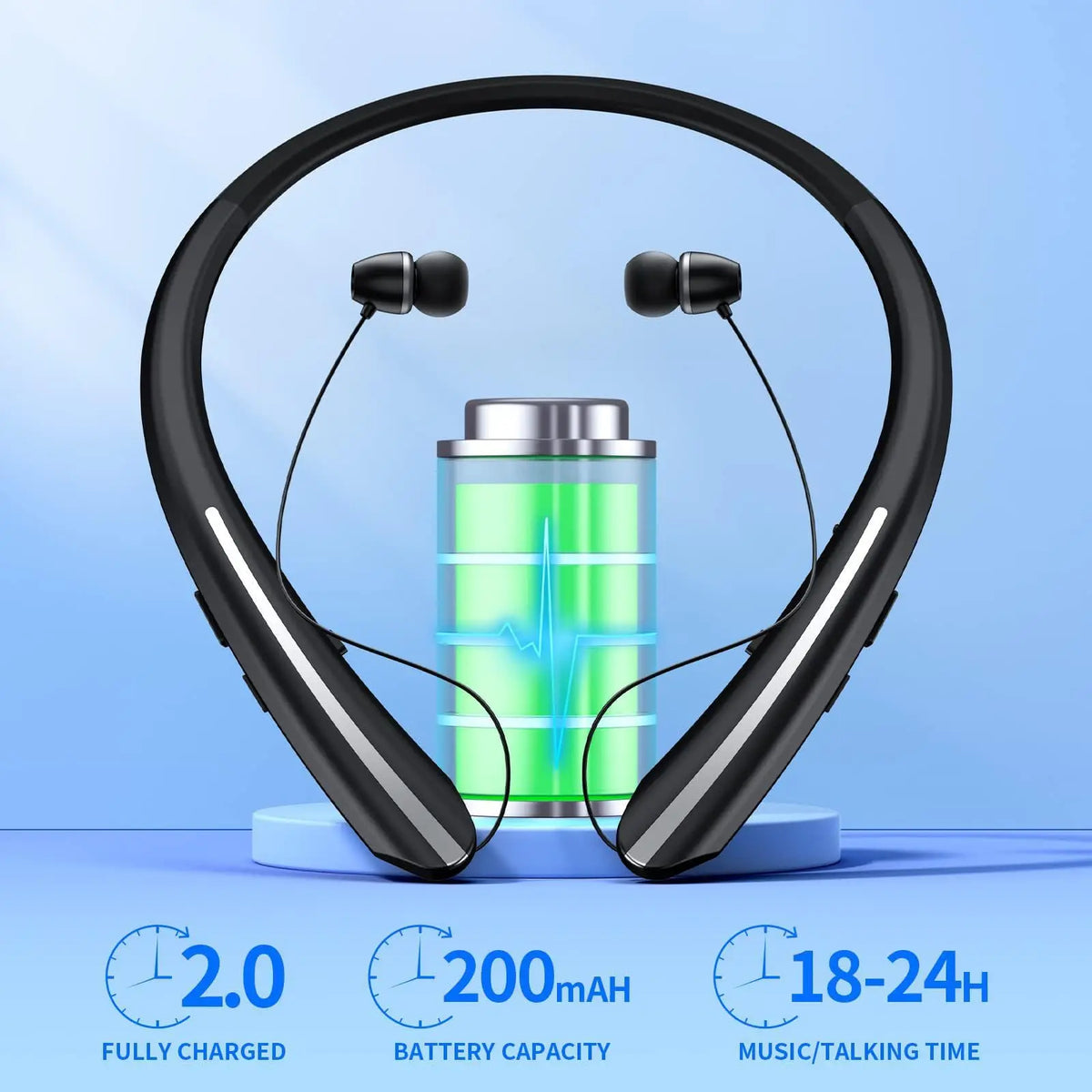 Bluetooth Headphones Neckband, Retractable Headset Wireless Sports Earbuds Noise Cancelling Stereo Earphones with Microphone,