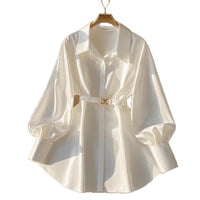 New Autum Style French Style Waist-Cinching Top Slightly Fat Accessible Luxury High-End White Long-Sleeved Shirt for Women