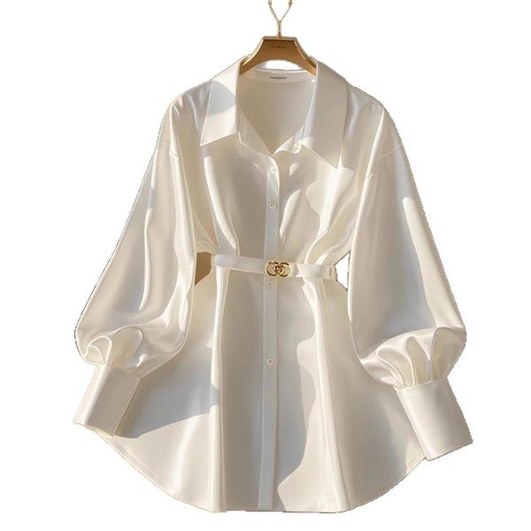 New Autum Style French Style Waist-Cinching Top Slightly Fat Accessible Luxury High-End White Long-Sleeved Shirt for Women