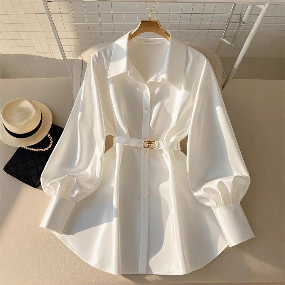 New Autum Style French Style Waist-Cinching Top Slightly Fat Accessible Luxury High-End White Long-Sleeved Shirt for Women