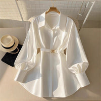 New Autum Style French Style Waist-Cinching Top Slightly Fat Accessible Luxury High-End White Long-Sleeved Shirt for Women
